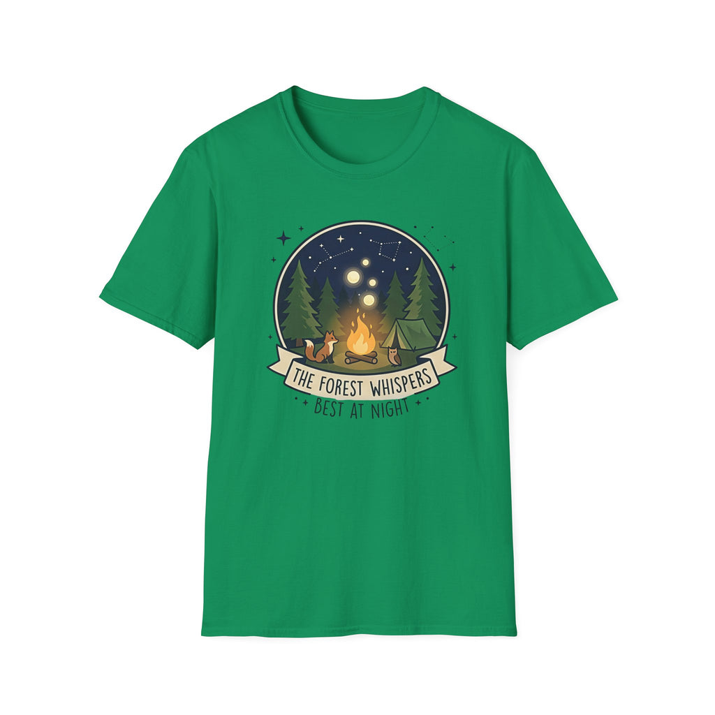 The Forest Whispers campfire scene T-Shirt | nighttime woods illustration