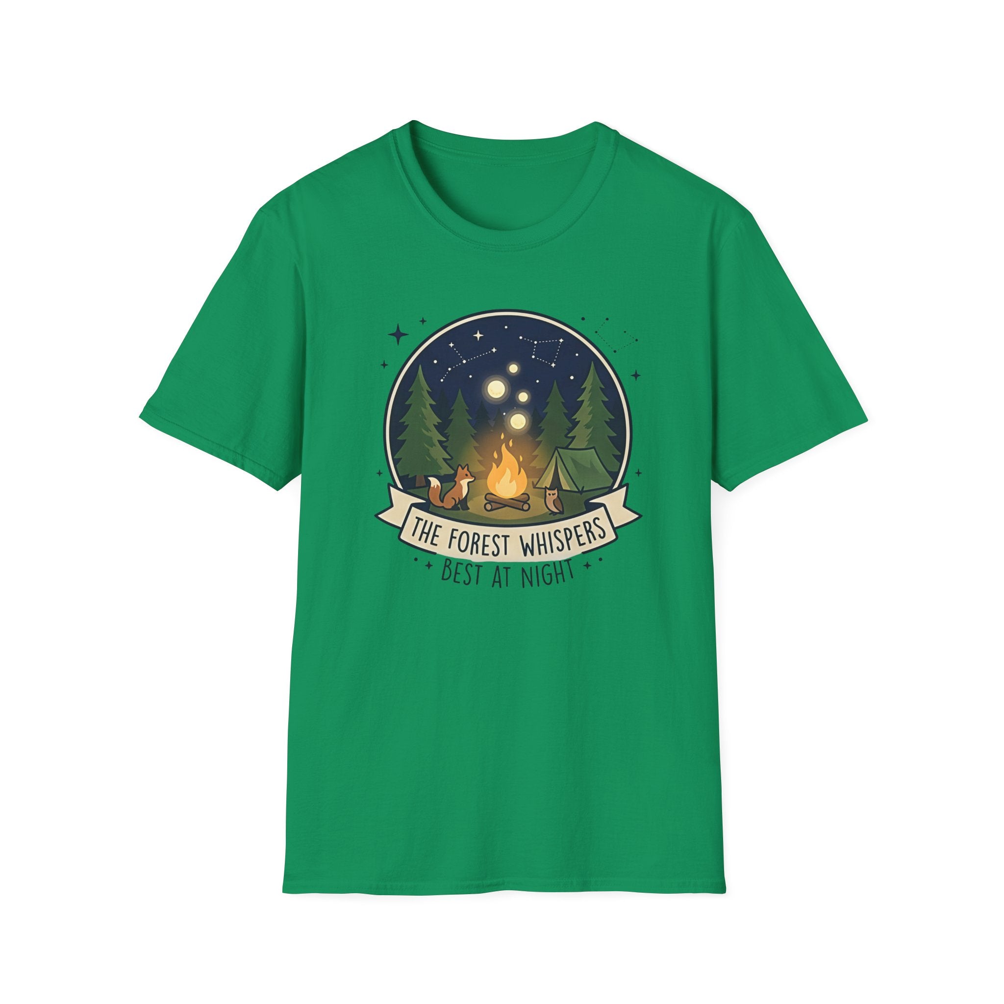 The Forest Whispers campfire scene T-Shirt | nighttime woods illustration