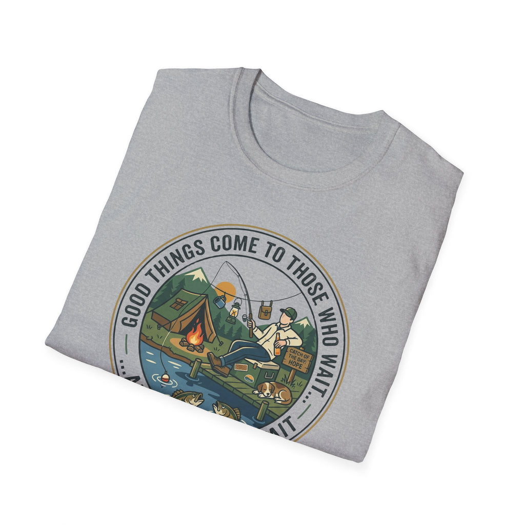 Camping Scene T-Shirt | Vintage Tent Lake Illustration, 'Good Things Come to Those Who Wait'