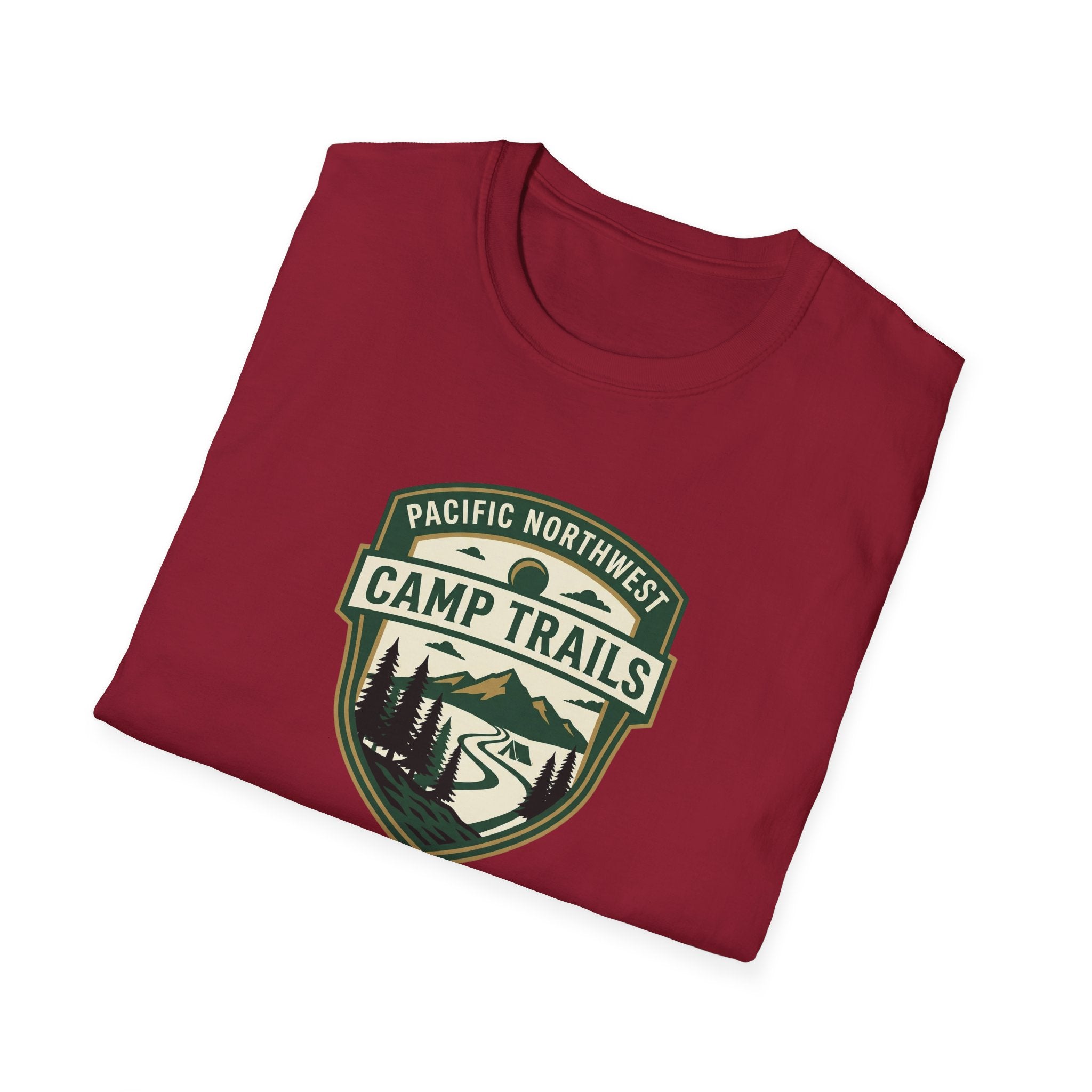 Camp Trails badge T-Shirt | Mountain camping logo, forest trail emblem