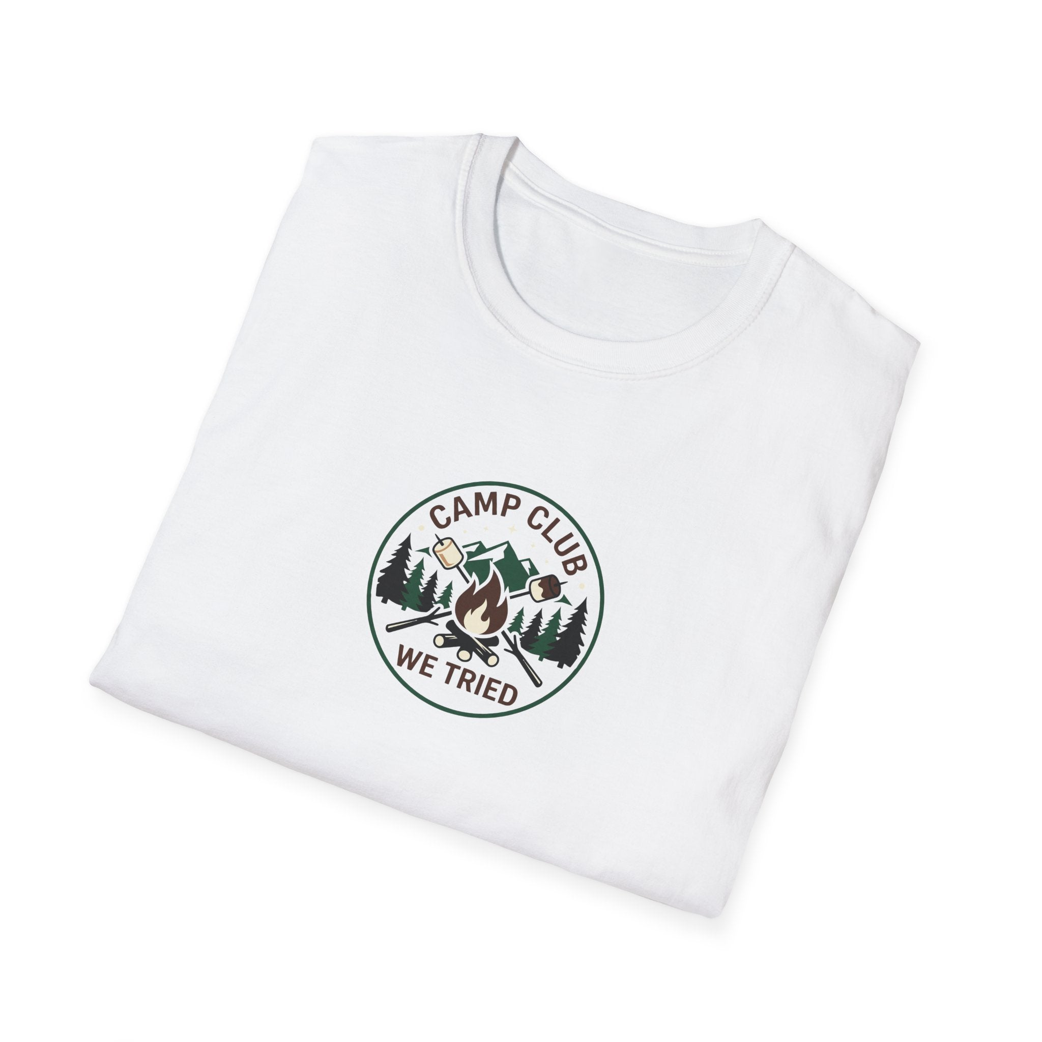 Camp Club We Tried T-Shirt | Camping Badge, Mountains & Pine Trees