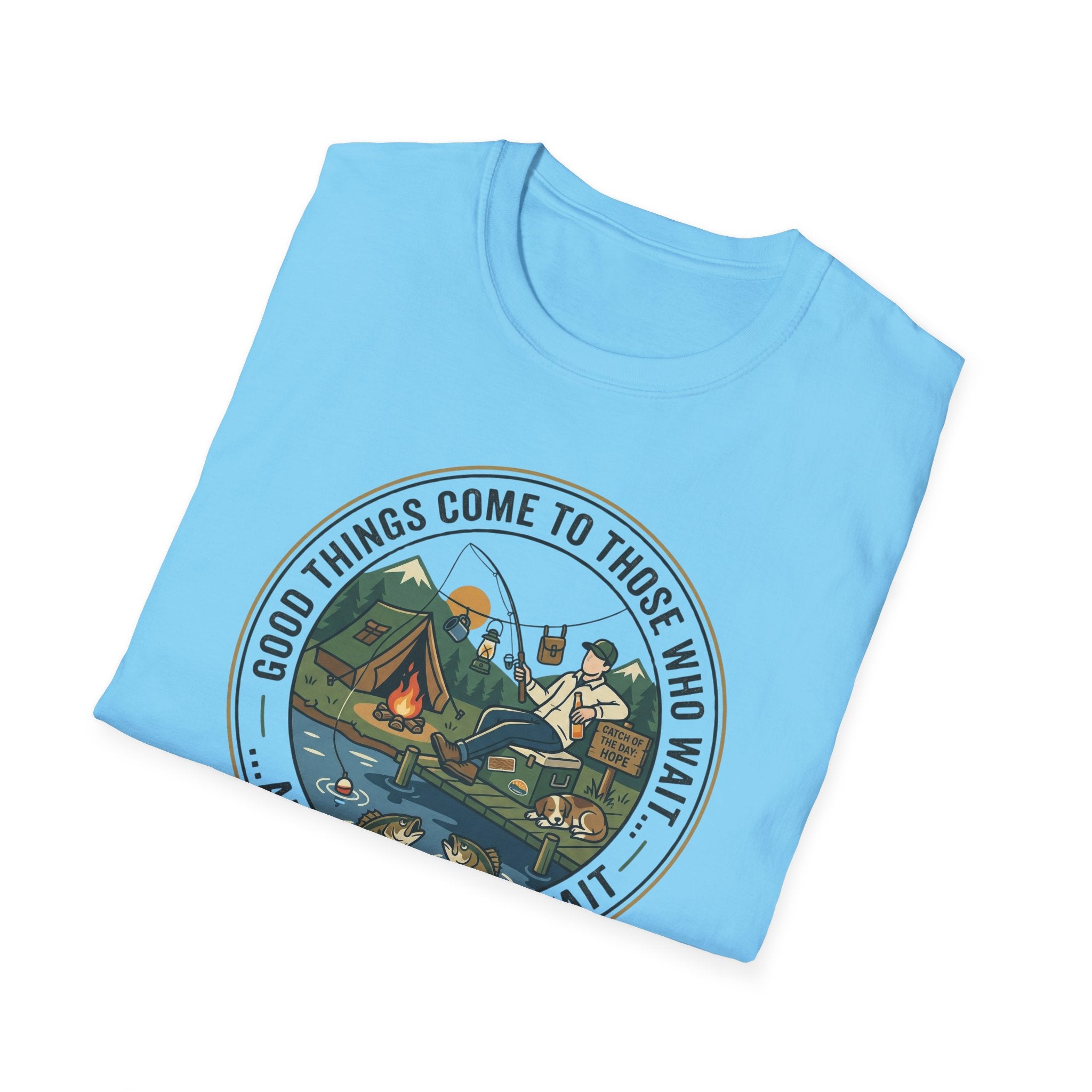 Camping Scene T-Shirt | Vintage Tent Lake Illustration, 'Good Things Come to Those Who Wait'