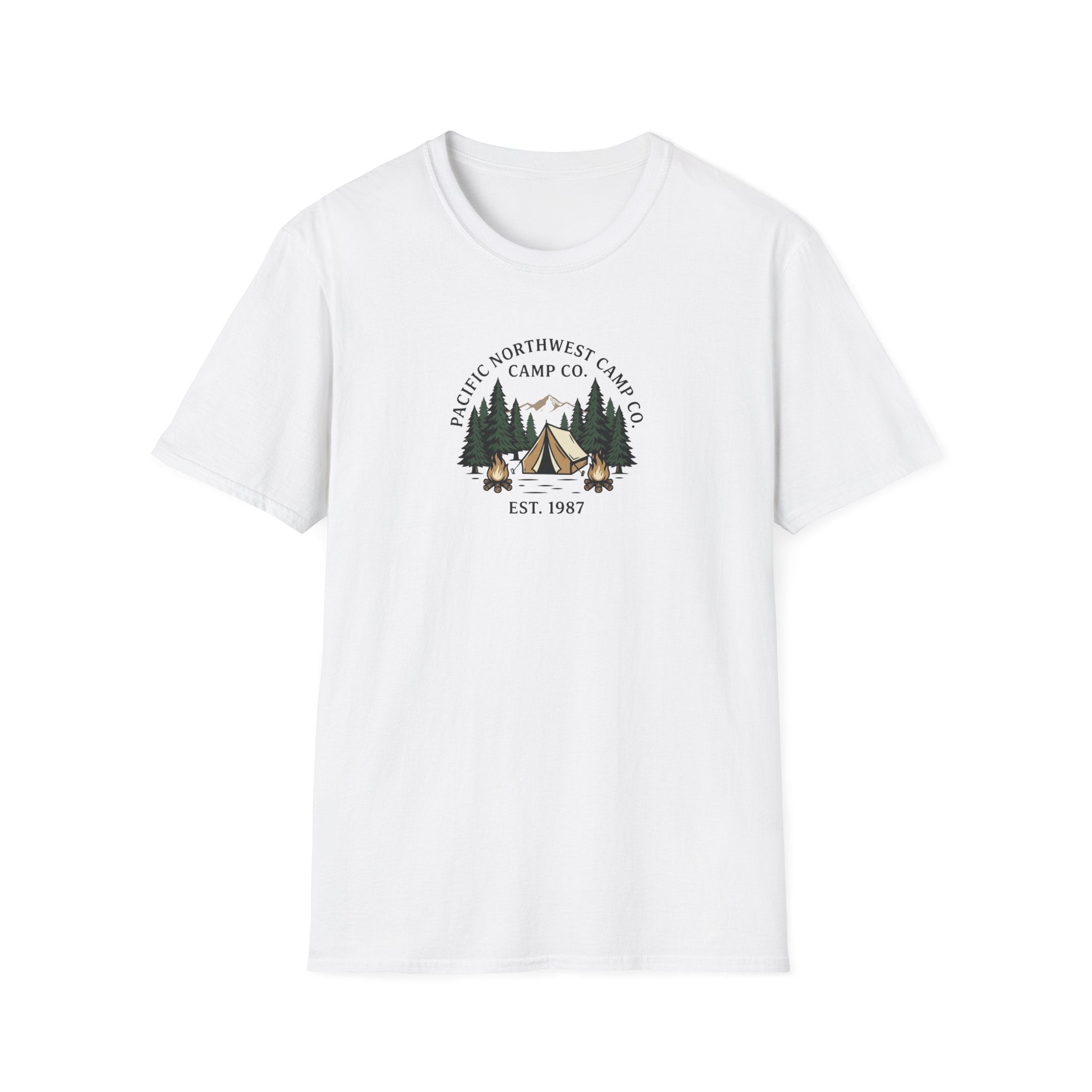 Campwood Trees Tent Graphic T-Shirt | Mountain Camping Logo, EST 1987