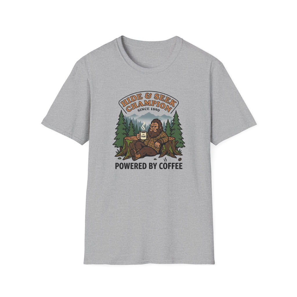 Sasquatch Hide & Seek Champion T-Shirt | Powered by Coffee, Bigfoot Design