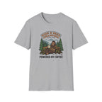 Sasquatch Hide & Seek Champion T-Shirt | Powered by Coffee, Bigfoot Design