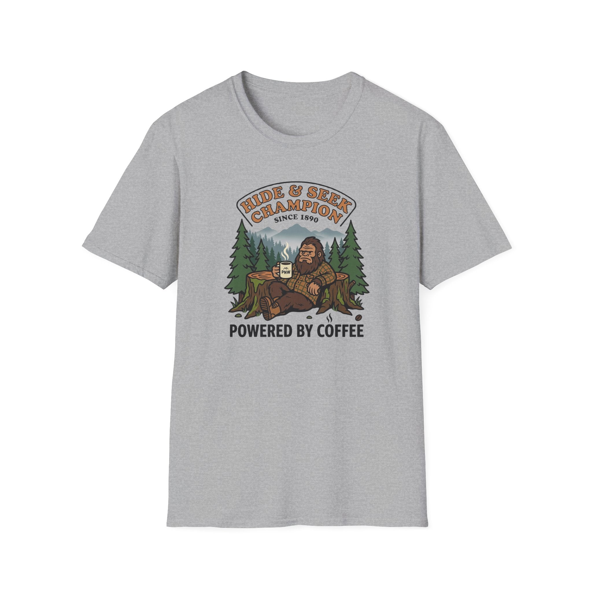 Sasquatch Hide & Seek Champion T-Shirt | Powered by Coffee, Bigfoot Design