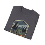 Camping Badge tent and campfire graphic T-Shirt | outdoors hiking adventure emblem