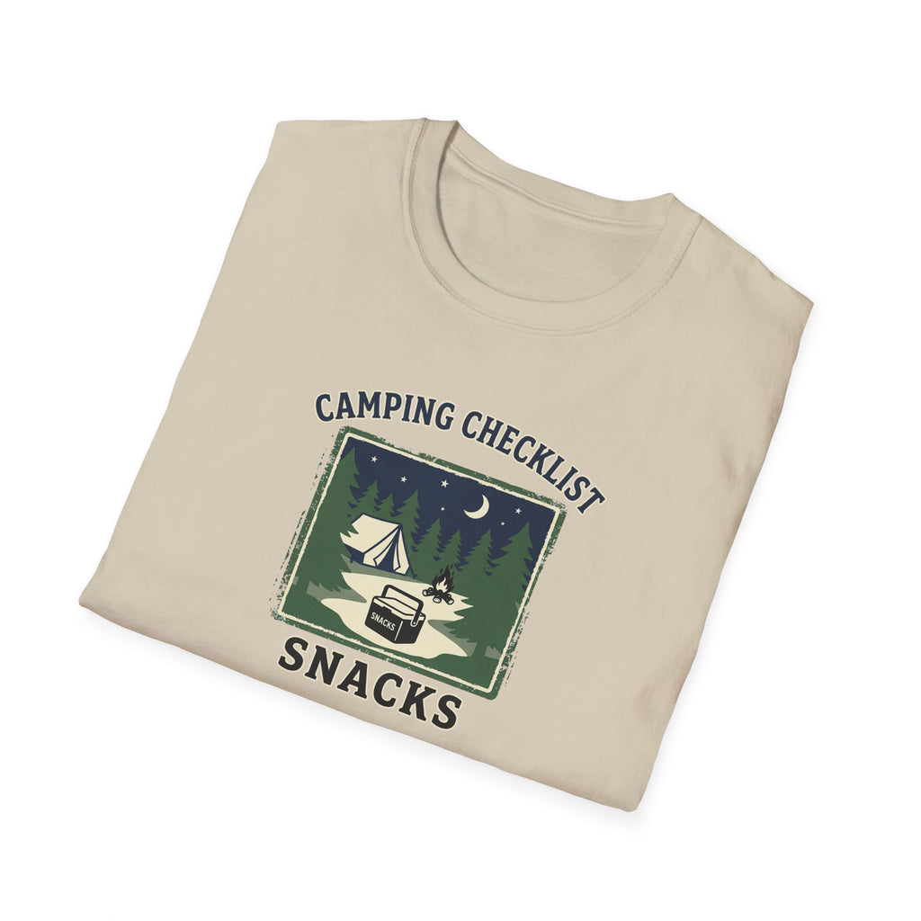 Camping Checklist Snacks T-Shirt | Camping Graphic Tee, Tent Campfire Design