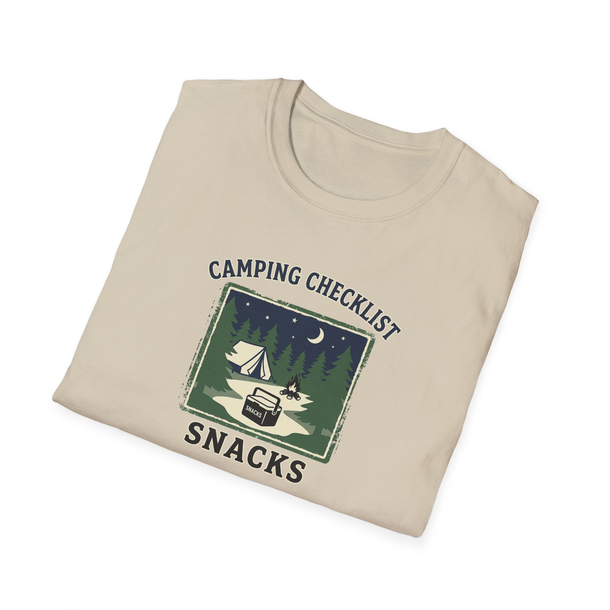Camping Checklist Snacks T-Shirt | Camping Graphic Tee, Tent Campfire Design