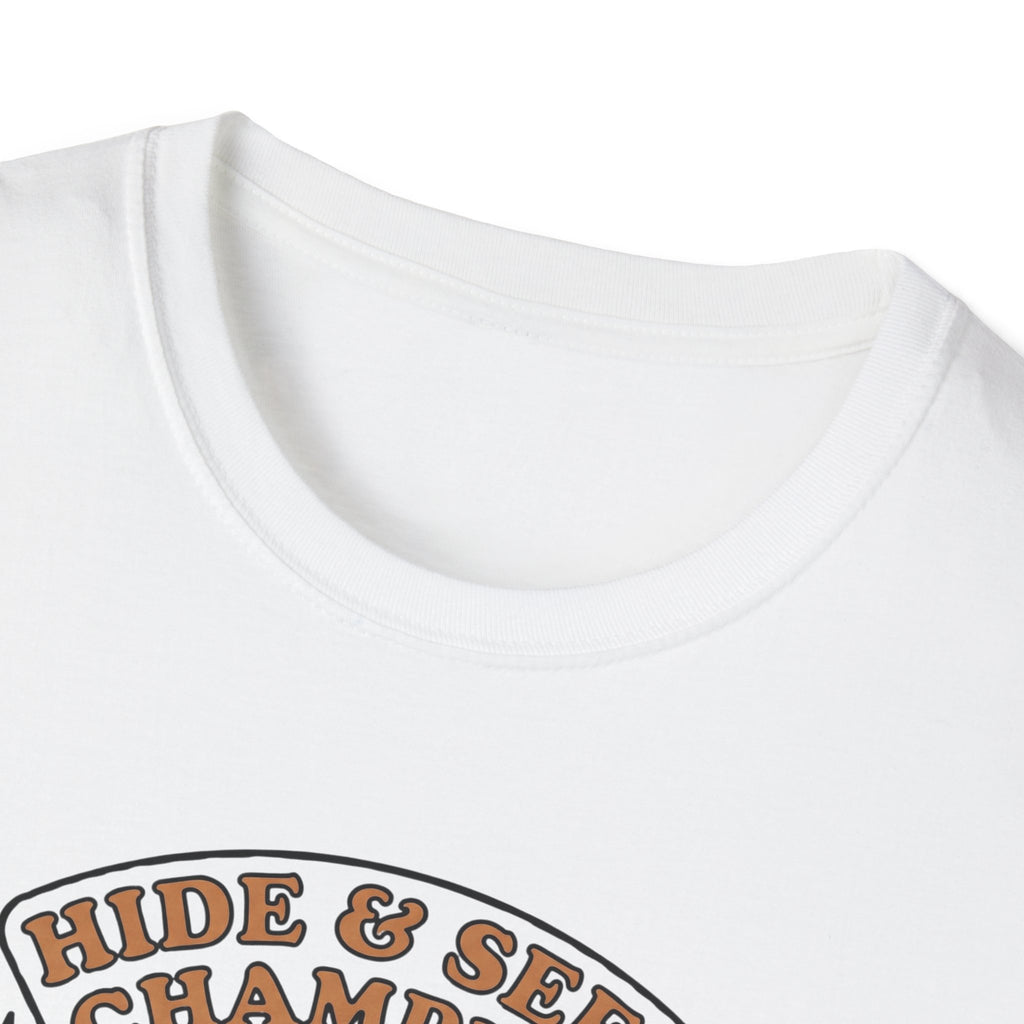 Sasquatch Hide & Seek Champion T-Shirt | Powered by Coffee, Bigfoot Design