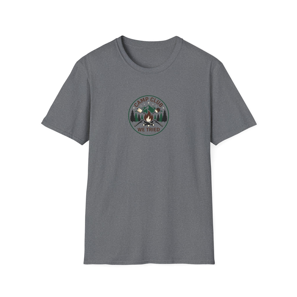 Camp Club We Tried T-Shirt | Camping Badge, Mountains & Pine Trees