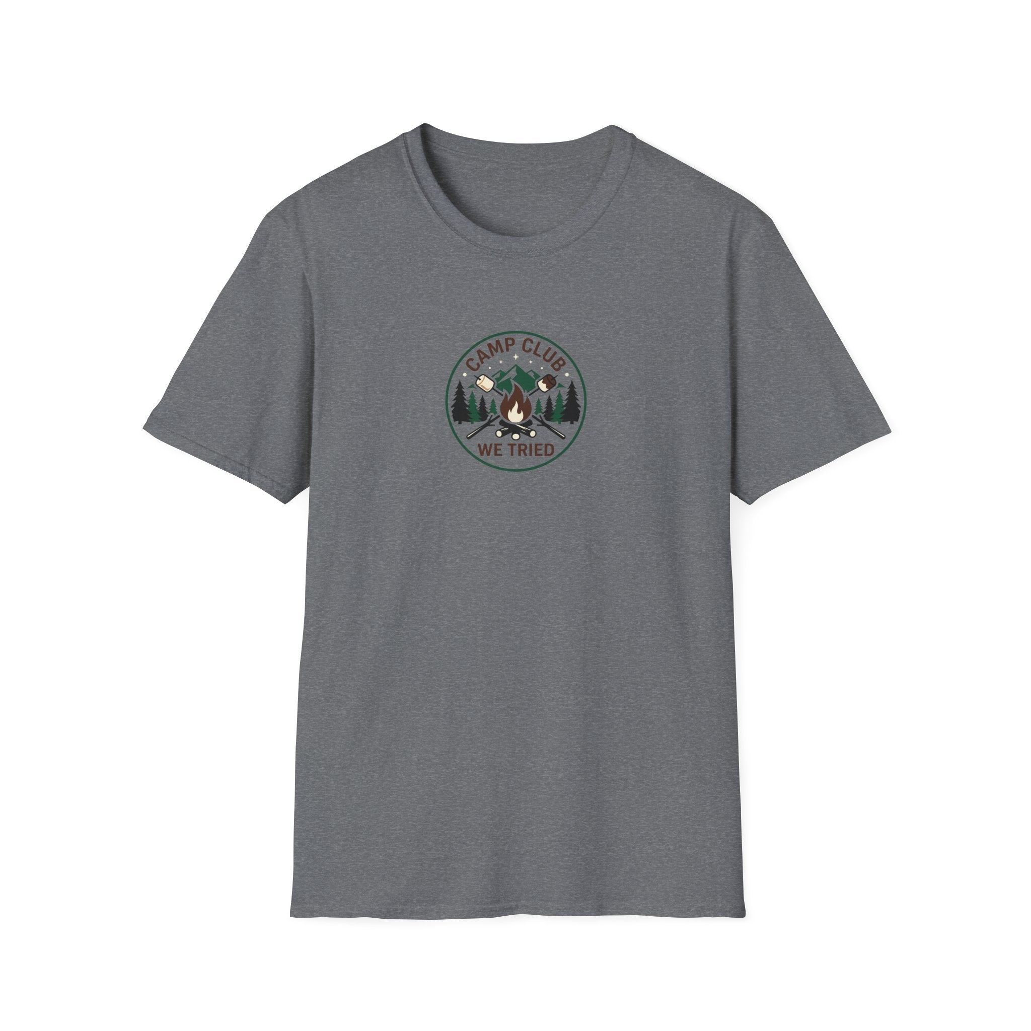 Camp Club We Tried T-Shirt | Camping Badge, Mountains & Pine Trees