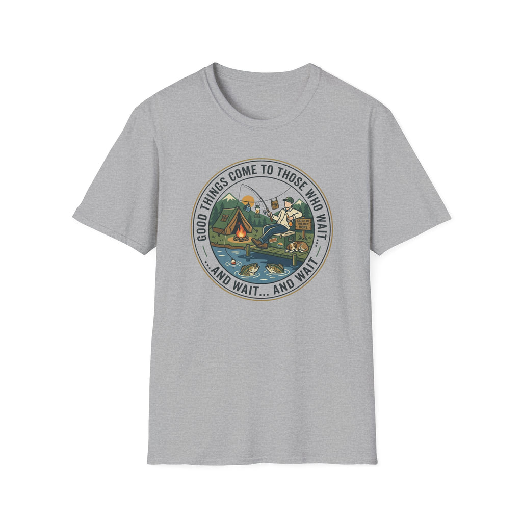 Camping Scene T-Shirt | Vintage Tent Lake Illustration, 'Good Things Come to Those Who Wait'
