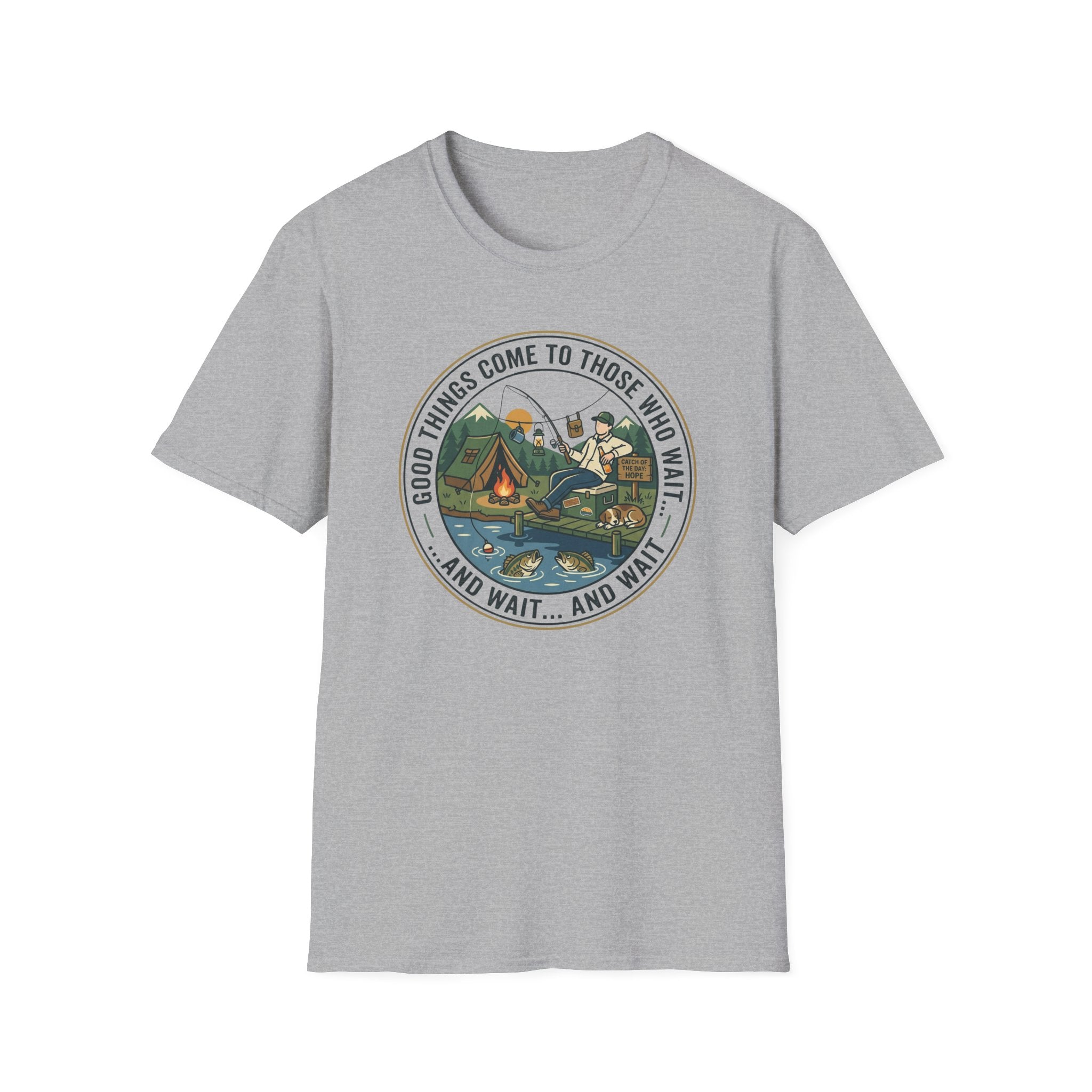 Camping Scene T-Shirt | Vintage Tent Lake Illustration, 'Good Things Come to Those Who Wait'