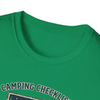 Camping Checklist Snacks T-Shirt | Camping Graphic Tee, Tent Campfire Design