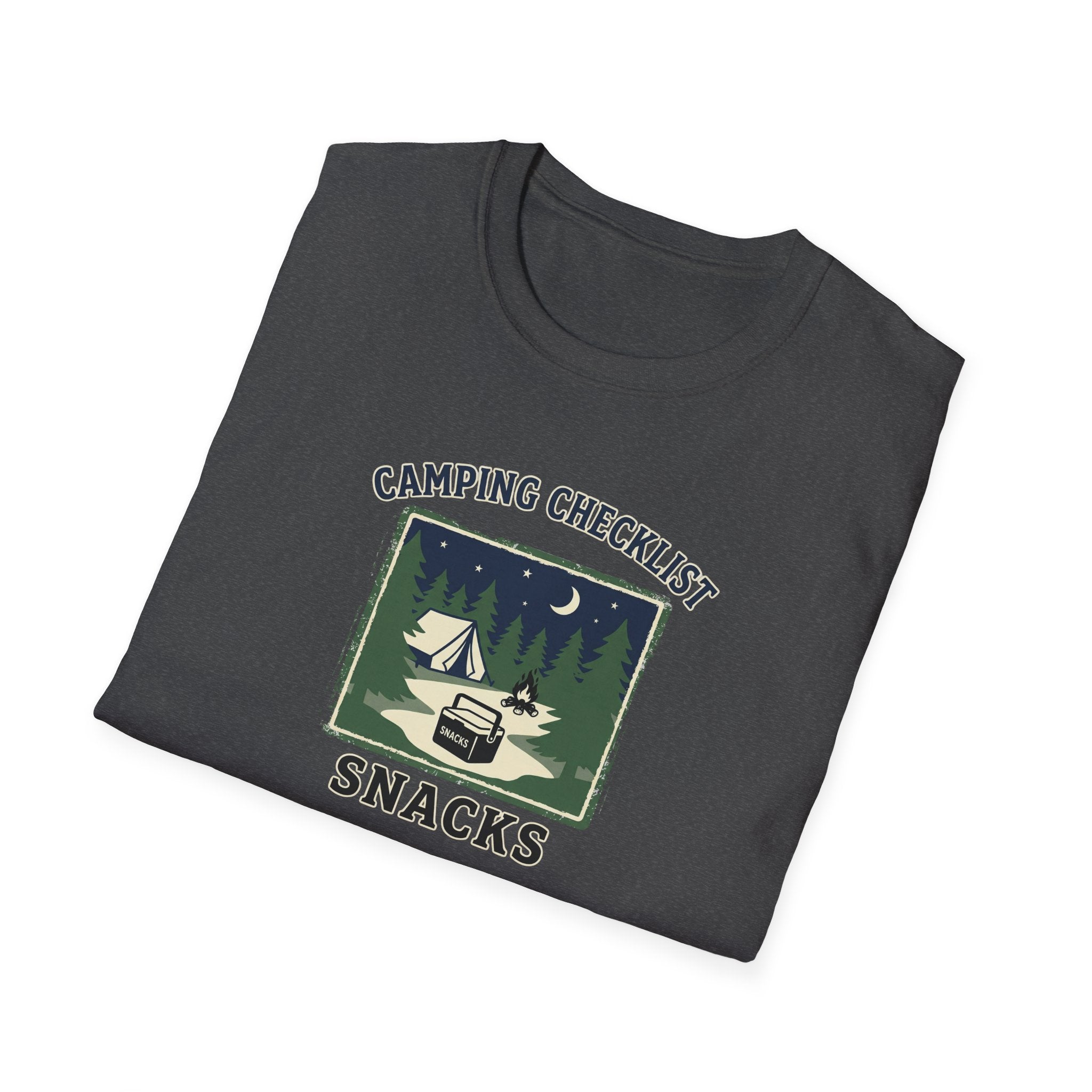 Camping Checklist Snacks T-Shirt | Camping Graphic Tee, Tent Campfire Design