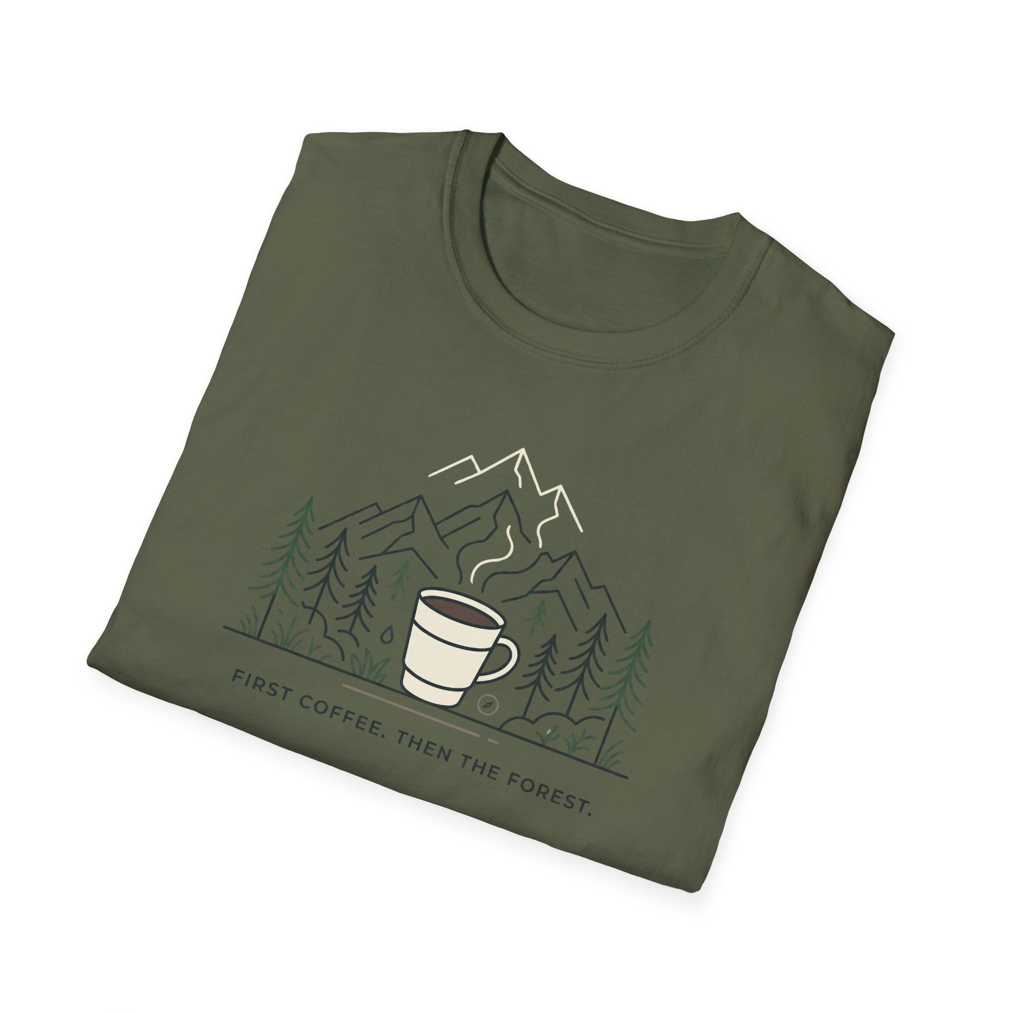 Coffee Cup in Pines T-Shirt | mountain camp mug, minimalist outdoors design
