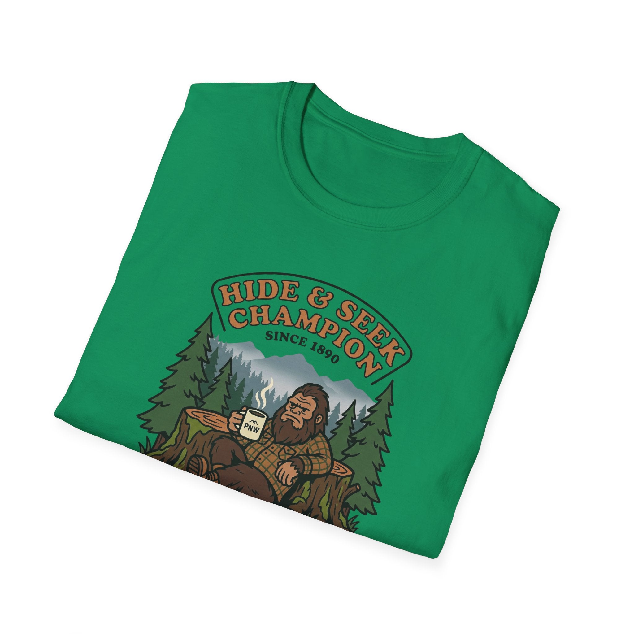 Sasquatch Hide & Seek Champion T-Shirt | Powered by Coffee, Bigfoot Design