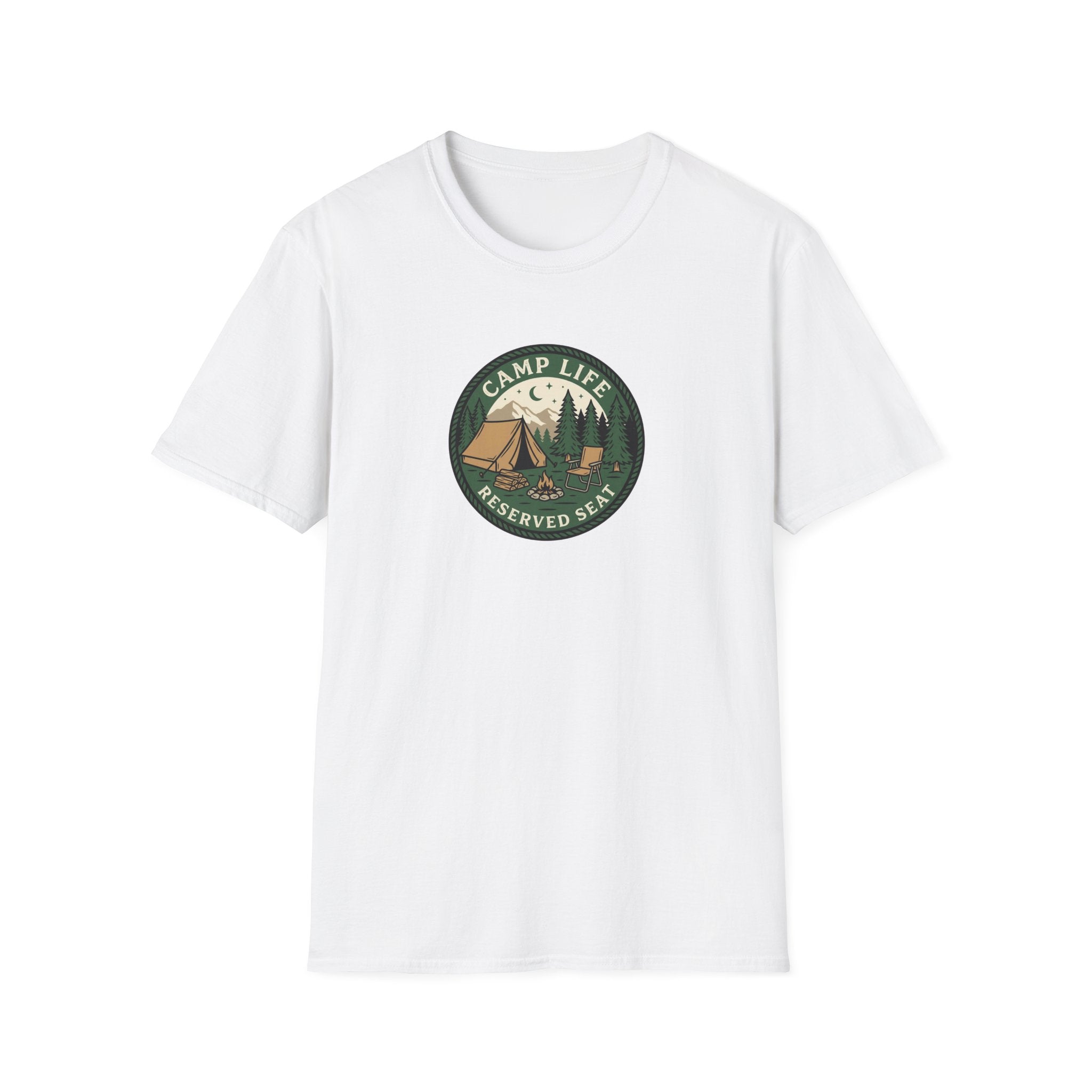 Camp Life Tent and Trees T-Shirt | Retro Outdoors Camper Badge