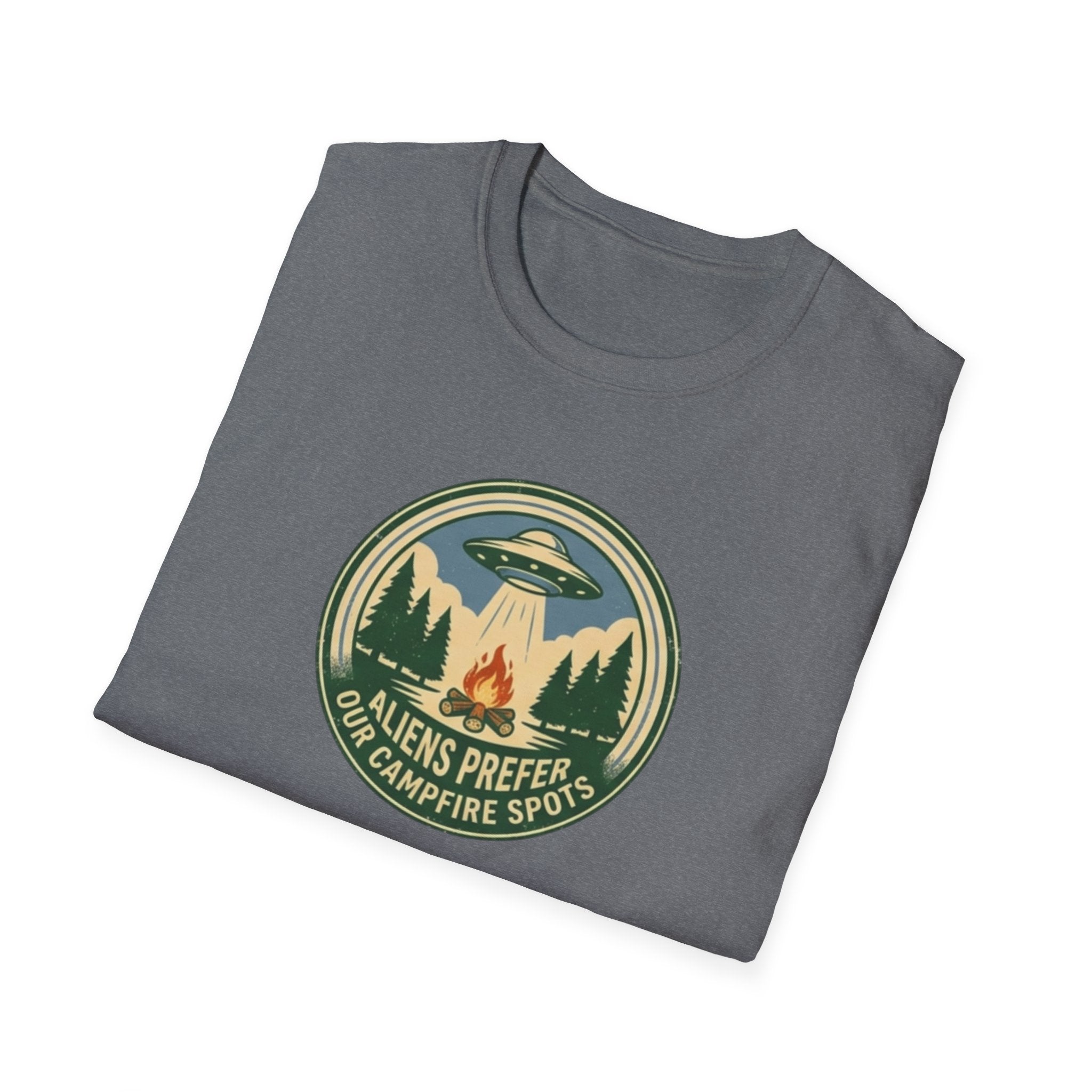 Aliens Prefer Our Campfire Spots T-Shirt | UFO Camping Badge Graphic