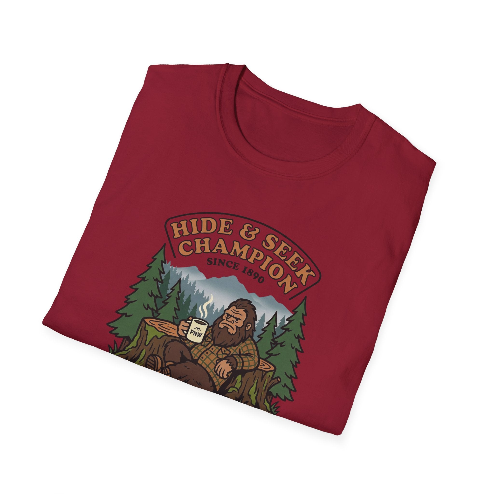 Sasquatch Hide & Seek Champion T-Shirt | Powered by Coffee, Bigfoot Design