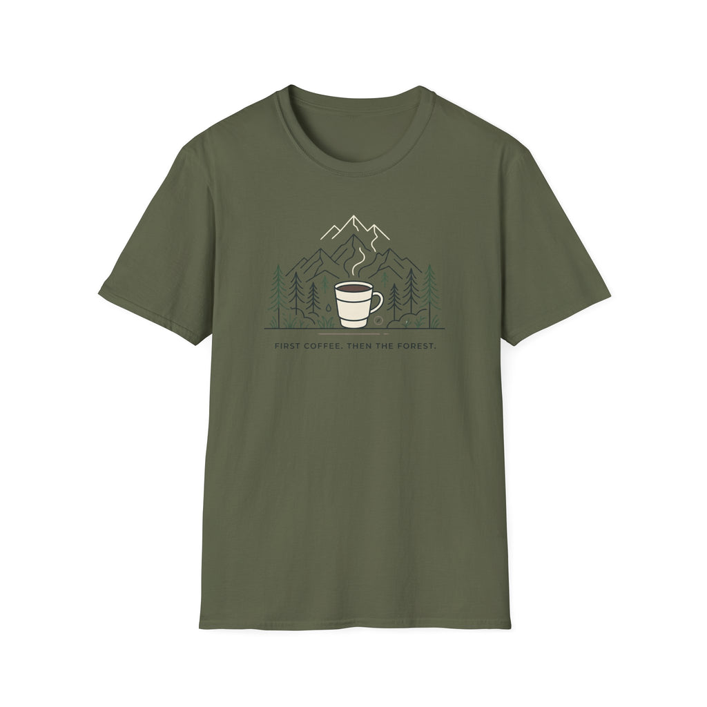 Coffee Cup in Pines T-Shirt | mountain camp mug, minimalist outdoors design