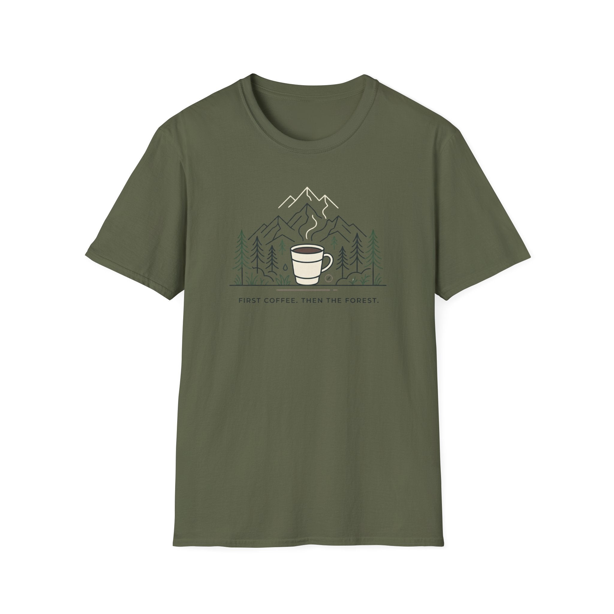 Coffee Cup in Pines T-Shirt | mountain camp mug, minimalist outdoors design