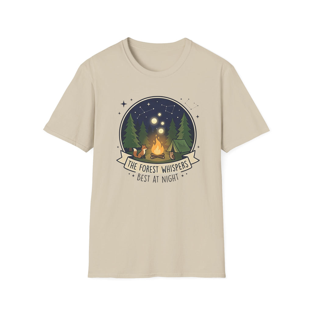 The Forest Whispers campfire scene T-Shirt | nighttime woods illustration