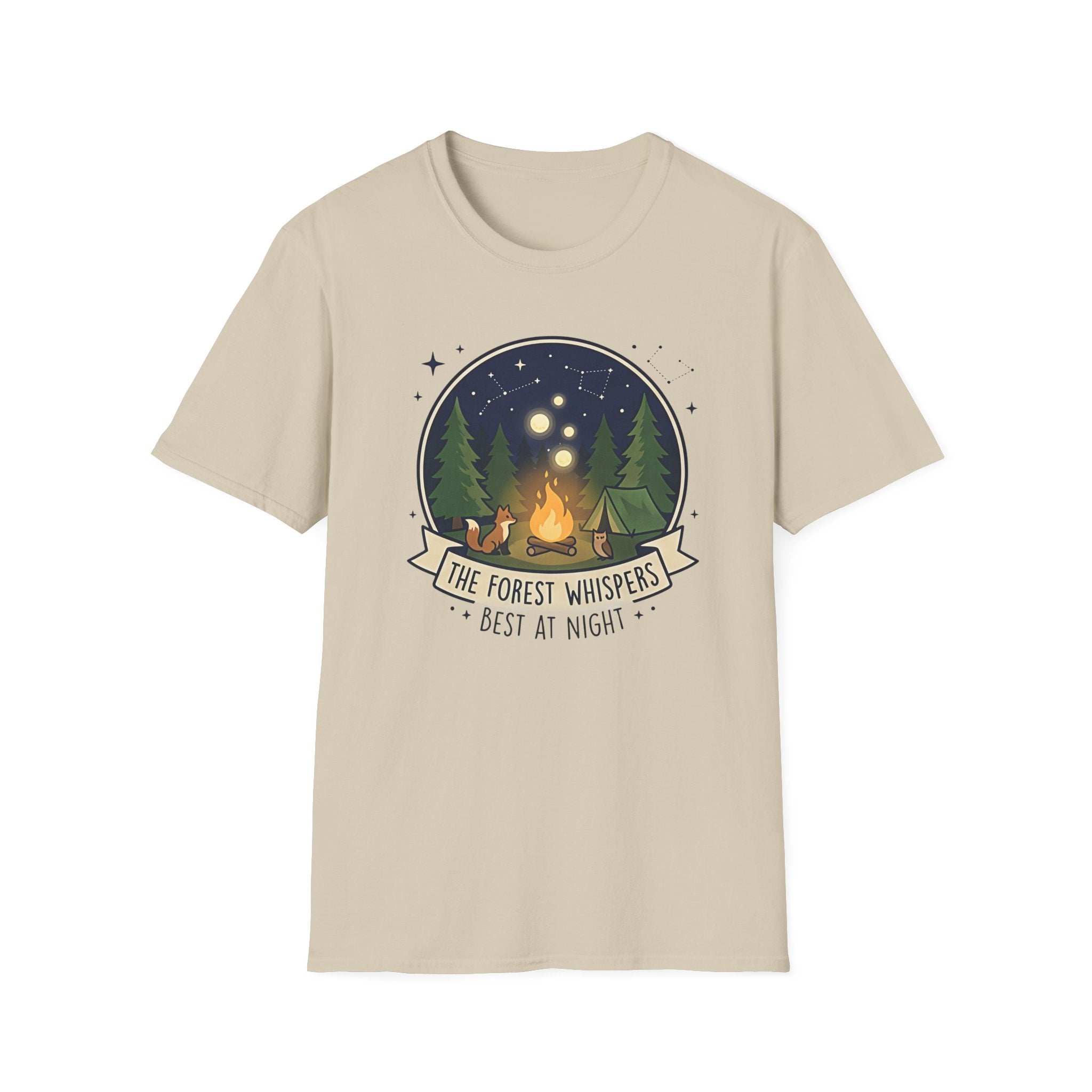The Forest Whispers campfire scene T-Shirt | nighttime woods illustration