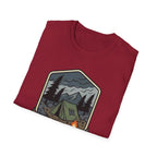 Camping Badge tent and campfire graphic T-Shirt | outdoors hiking adventure emblem