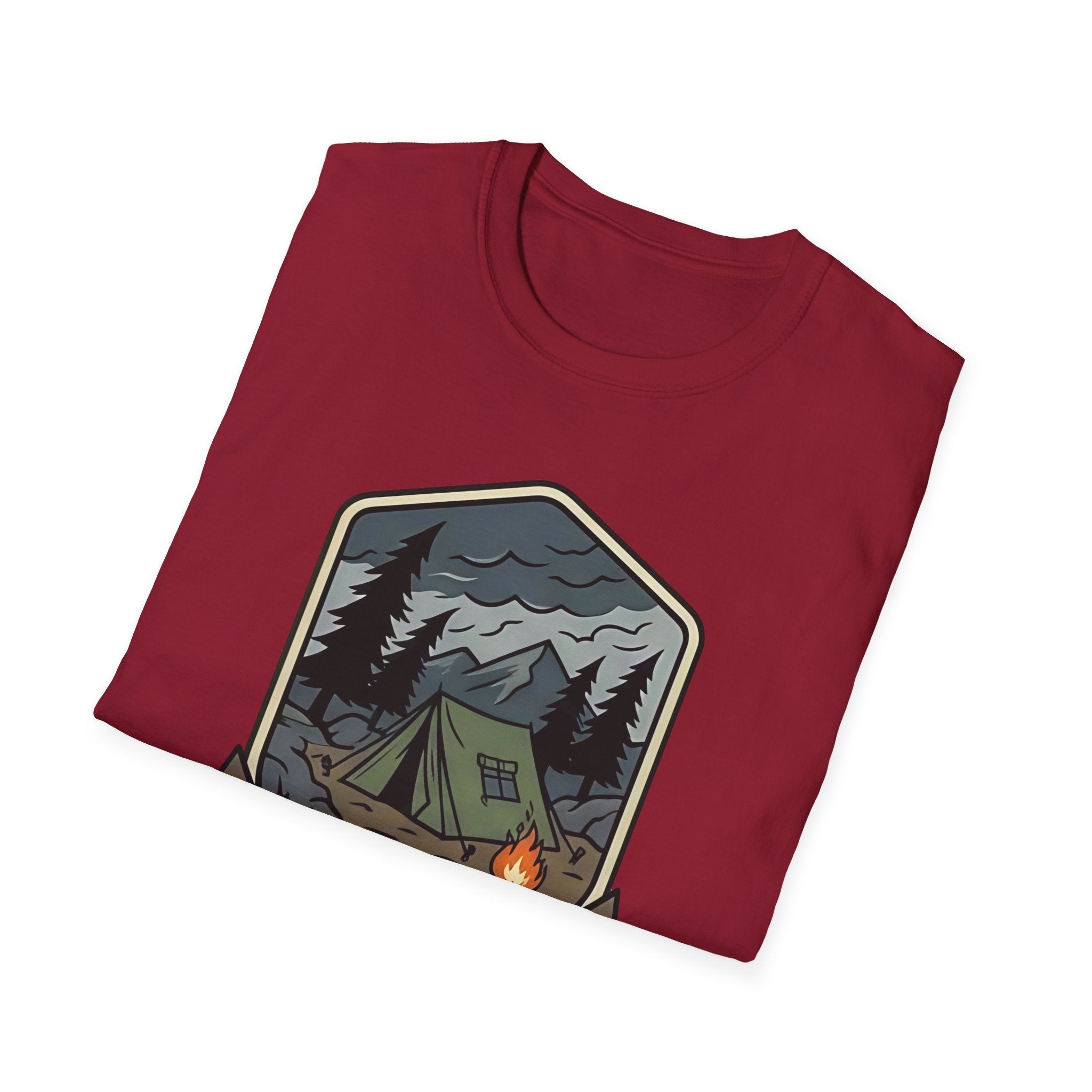 Camping Badge tent and campfire graphic T-Shirt | outdoors hiking adventure emblem