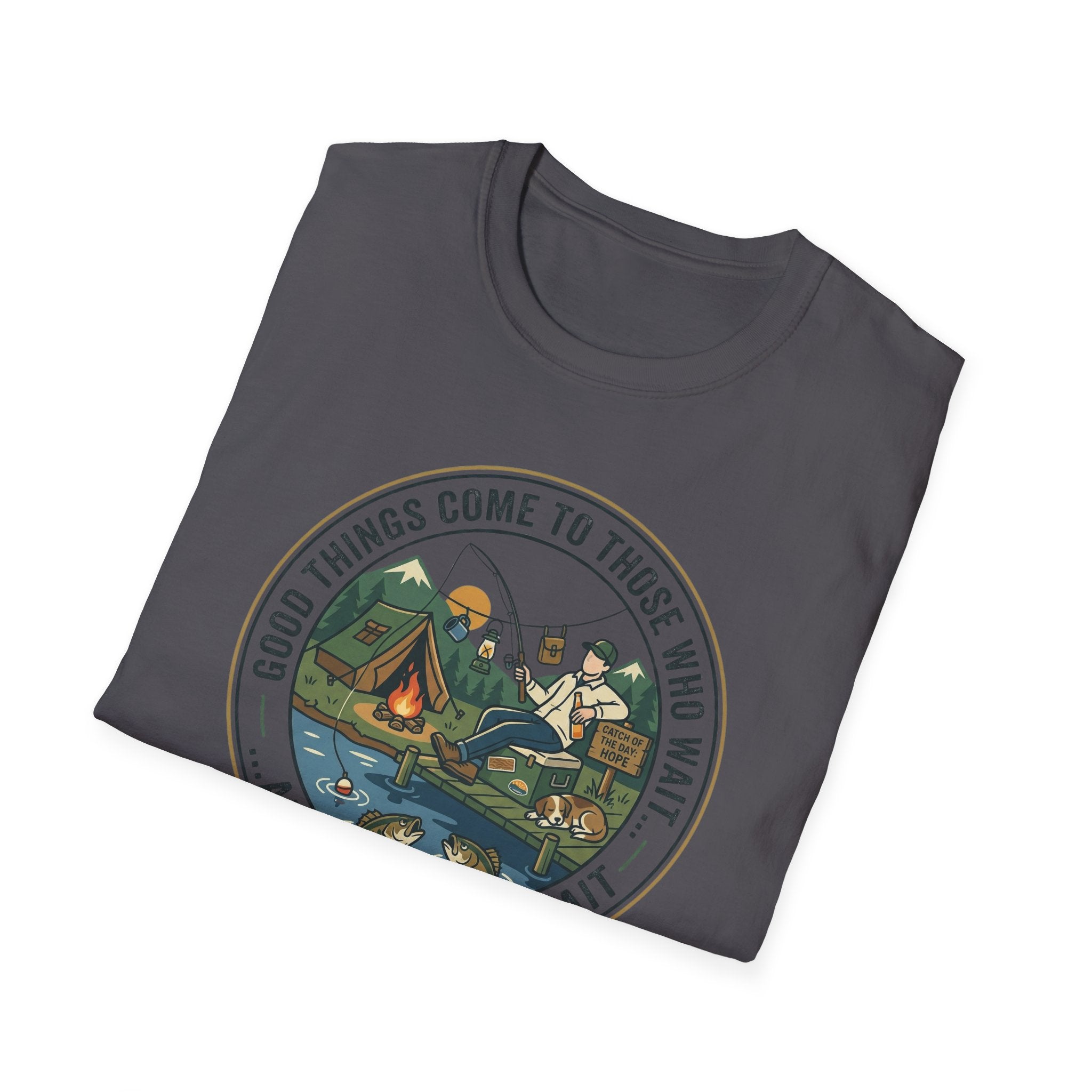 Camping Scene T-Shirt | Vintage Tent Lake Illustration, 'Good Things Come to Those Who Wait'