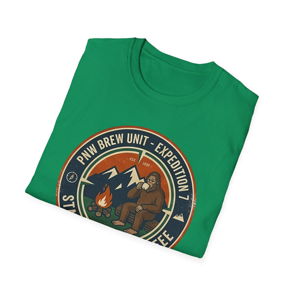 Stayed for the Coffee mountain camping badge T-Shirt | coffee hiking logo