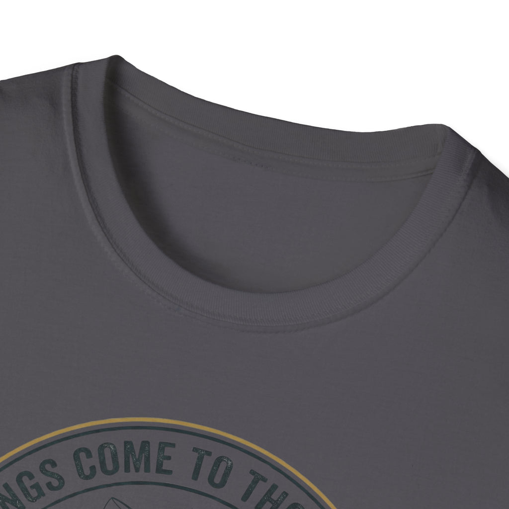 Camping Scene T-Shirt | Vintage Tent Lake Illustration, 'Good Things Come to Those Who Wait'