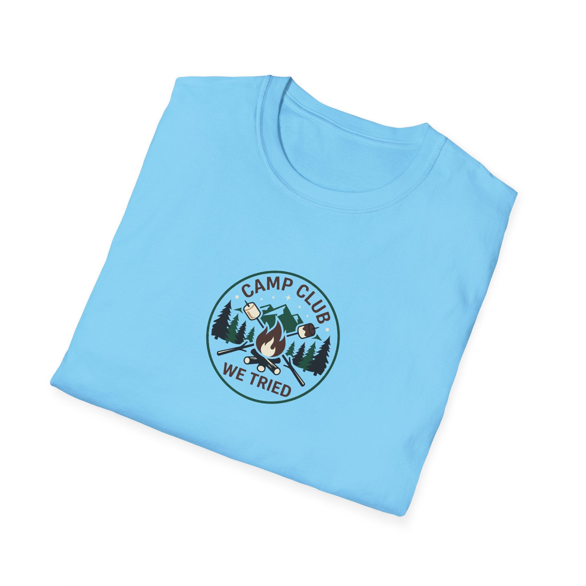 Camp Club We Tried T-Shirt | Camping Badge, Mountains & Pine Trees