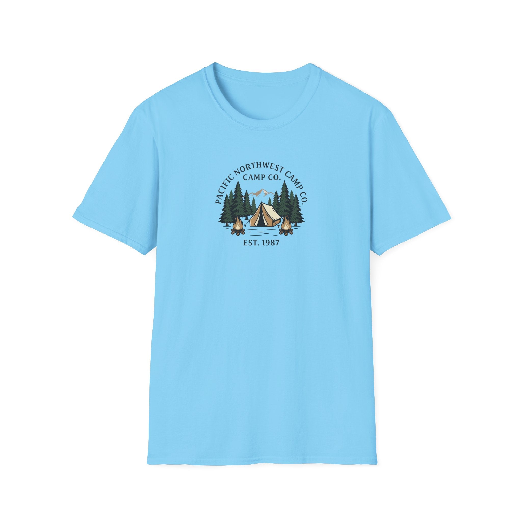 Campwood Trees Tent Graphic T-Shirt | Mountain Camping Logo, EST 1987