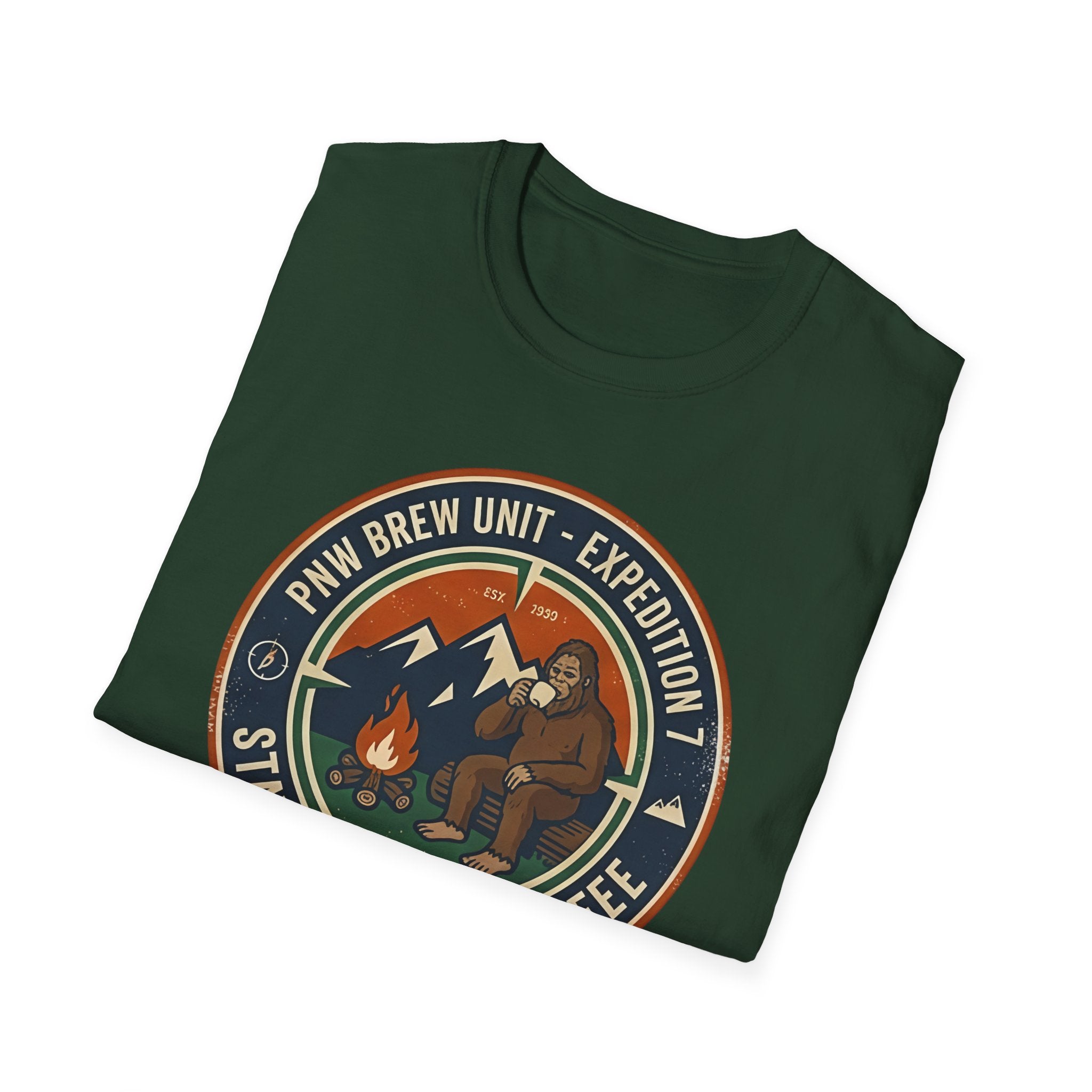 Stayed for the Coffee mountain camping badge T-Shirt | coffee hiking logo