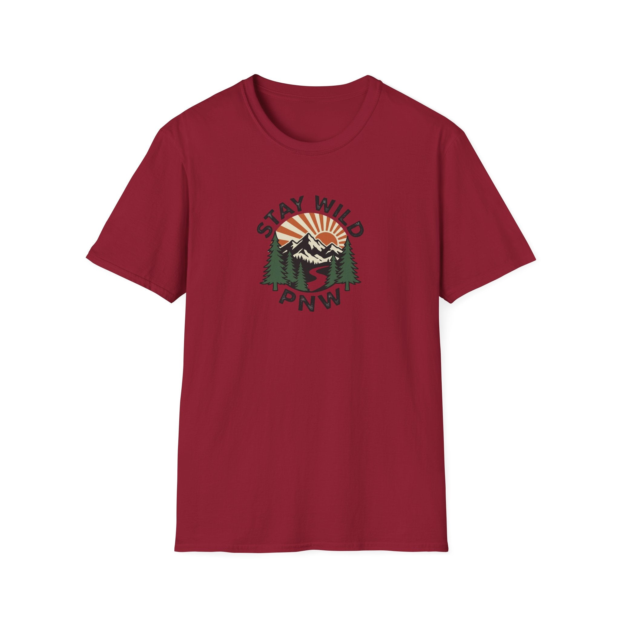 Stay Wild PNW T-Shirt | Mountain Sunset, Pine Trees, River Road