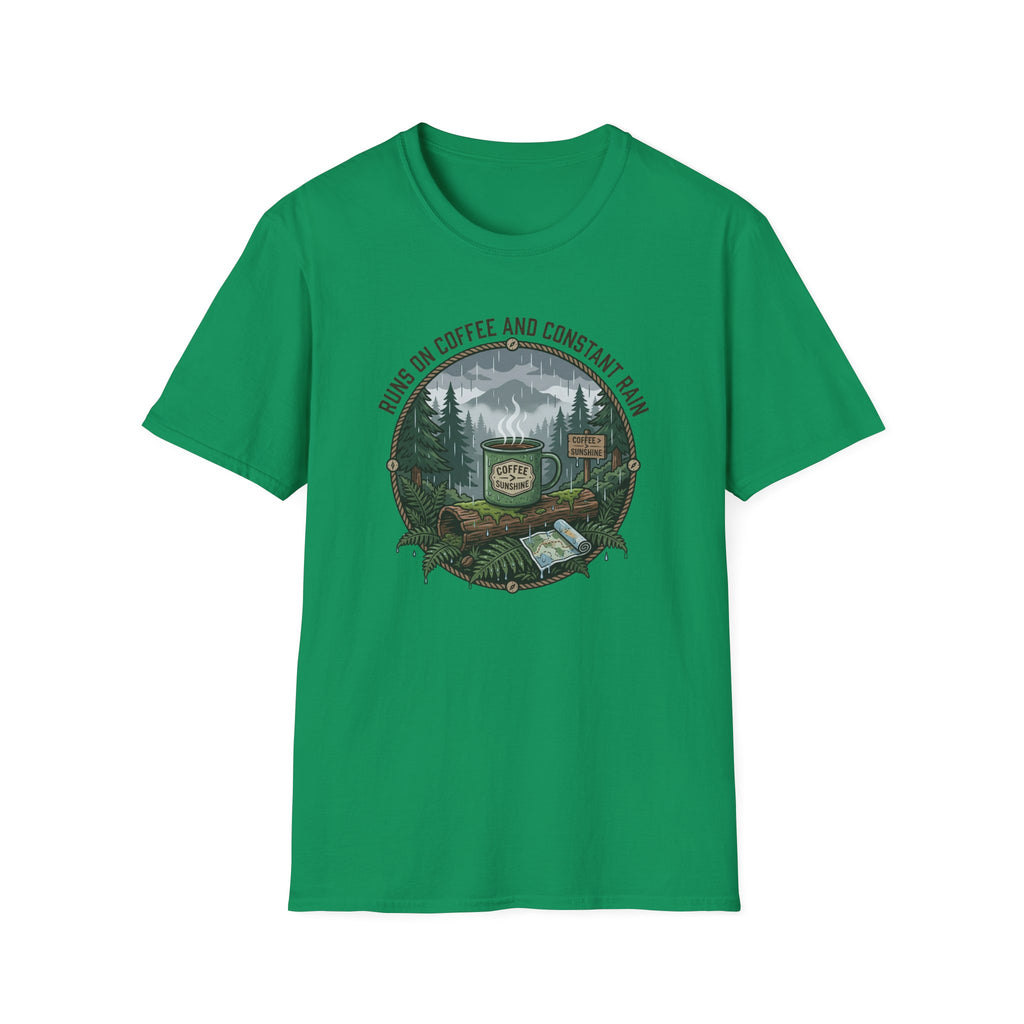 Cozy Camping Coffee Scene T-Shirt | Mountain Mug, Rainy Forest Illustration