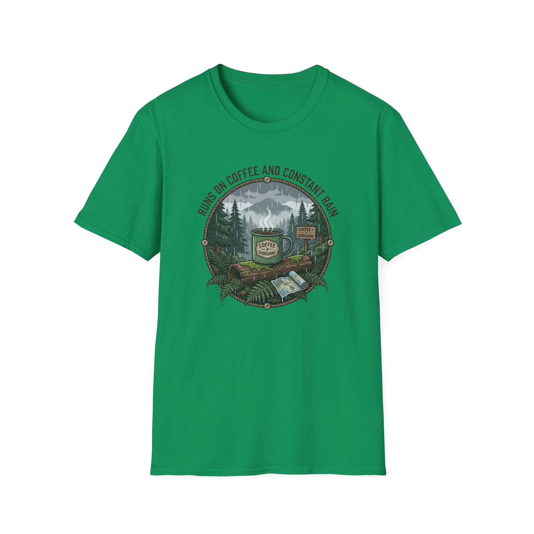 Cozy Camping Coffee Scene T-Shirt | Mountain Mug, Rainy Forest Illustration