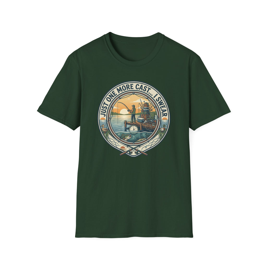 Just One More Cast Fishing T-Shirt | Retro Sunset Angler Design