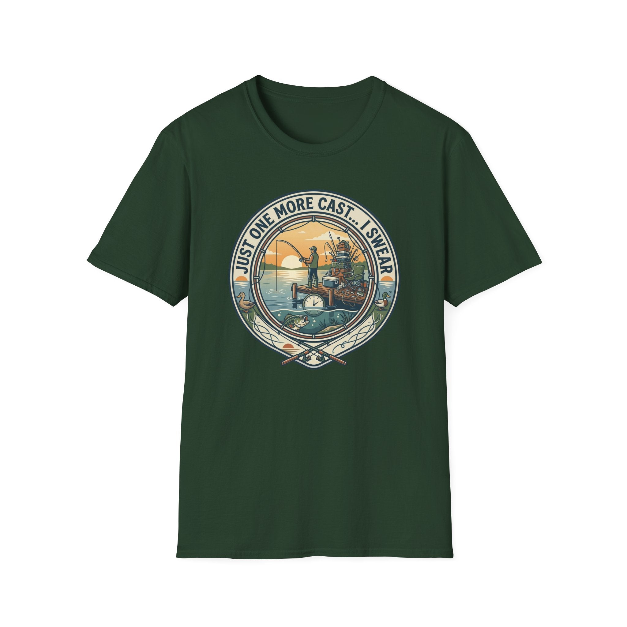 Just One More Cast Fishing T-Shirt | Retro Sunset Angler Design