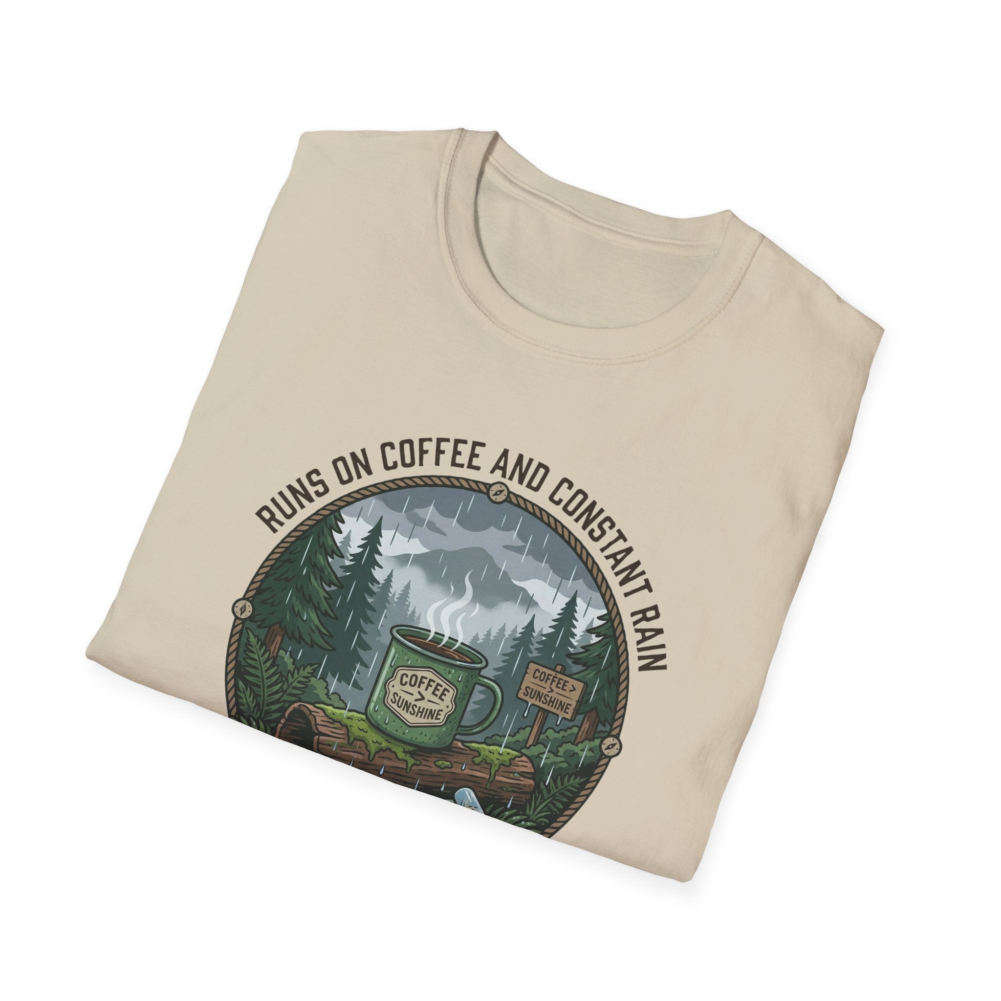 Cozy Camping Coffee Scene T-Shirt | Mountain Mug, Rainy Forest Illustration