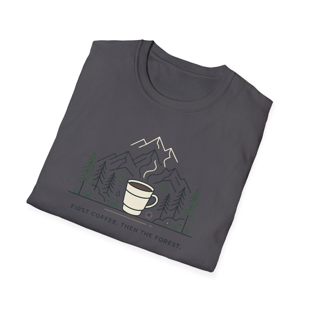 Coffee Cup in Pines T-Shirt | mountain camp mug, minimalist outdoors design