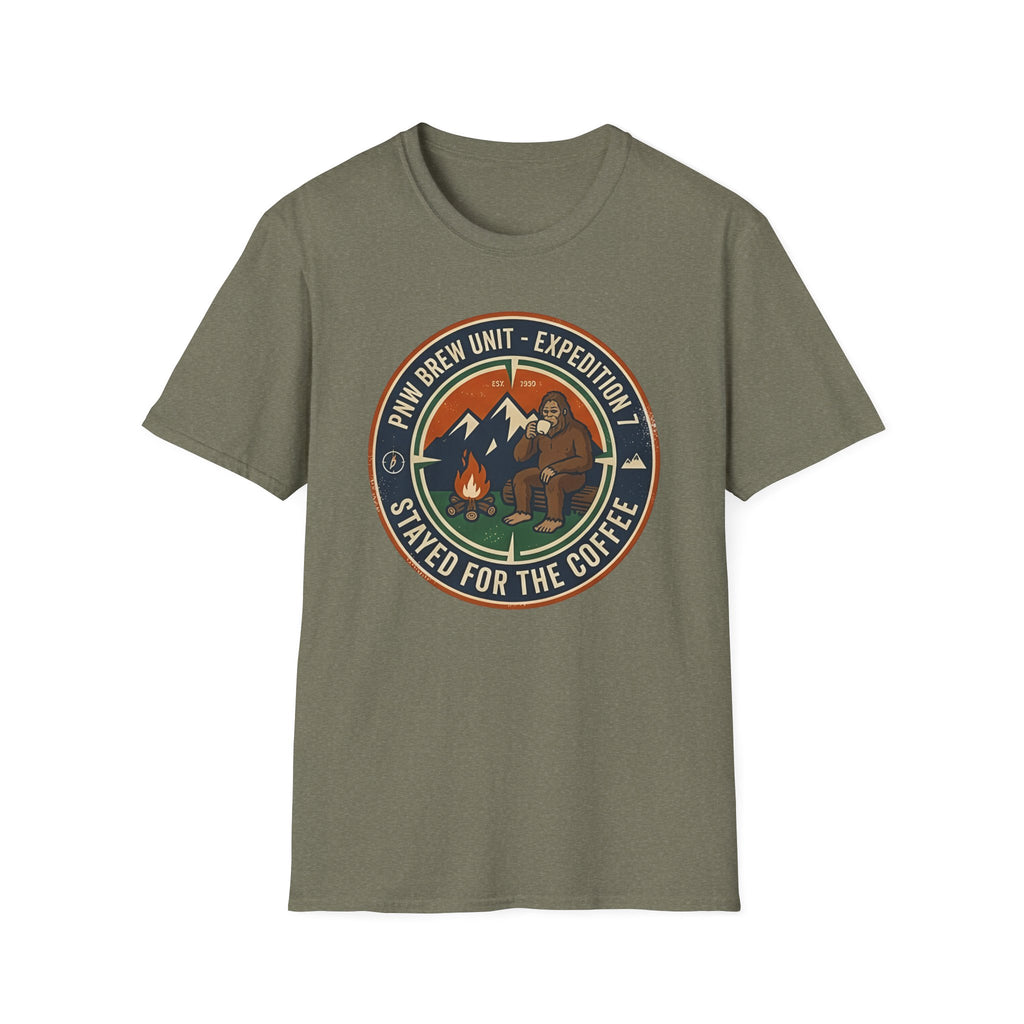 Stayed for the Coffee mountain camping badge T-Shirt | coffee hiking logo