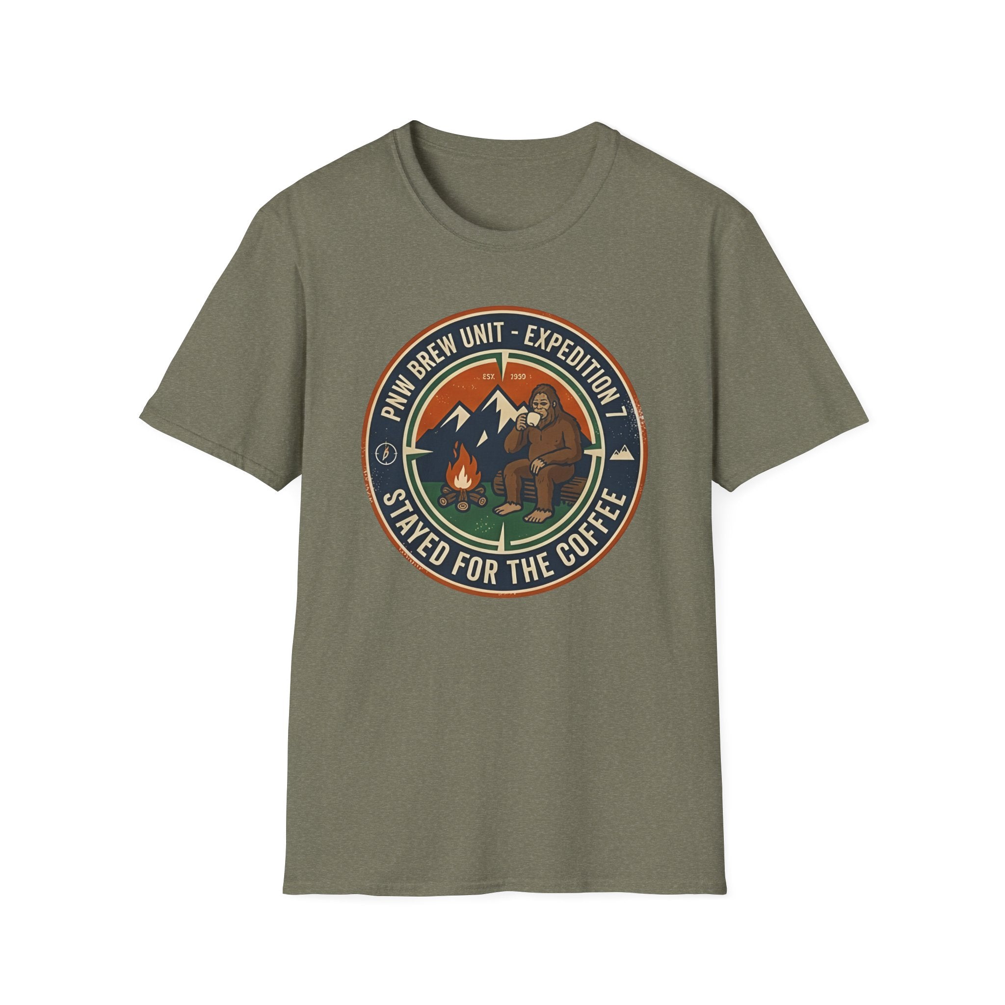 Stayed for the Coffee mountain camping badge T-Shirt | coffee hiking logo