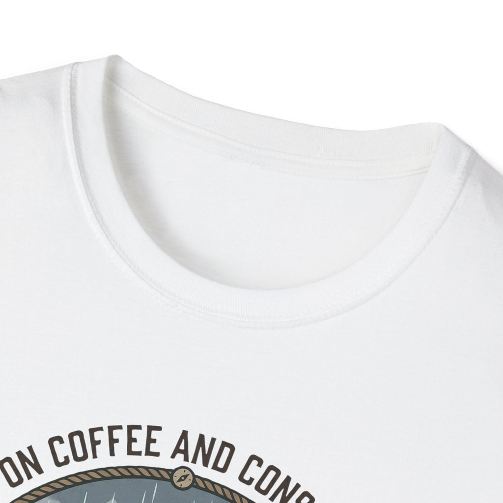 Cozy Camping Coffee Scene T-Shirt | Mountain Mug, Rainy Forest Illustration