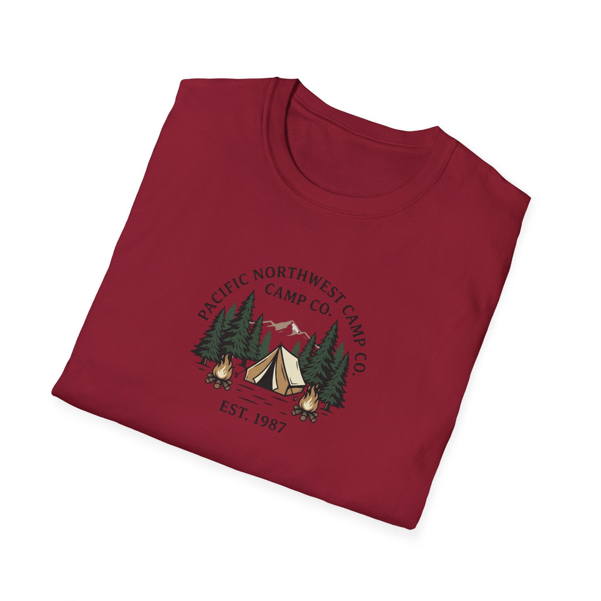 Campwood Trees Tent Graphic T-Shirt | Mountain Camping Logo, EST 1987