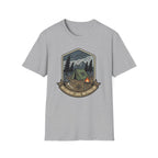 Camping Badge tent and campfire graphic T-Shirt | outdoors hiking adventure emblem