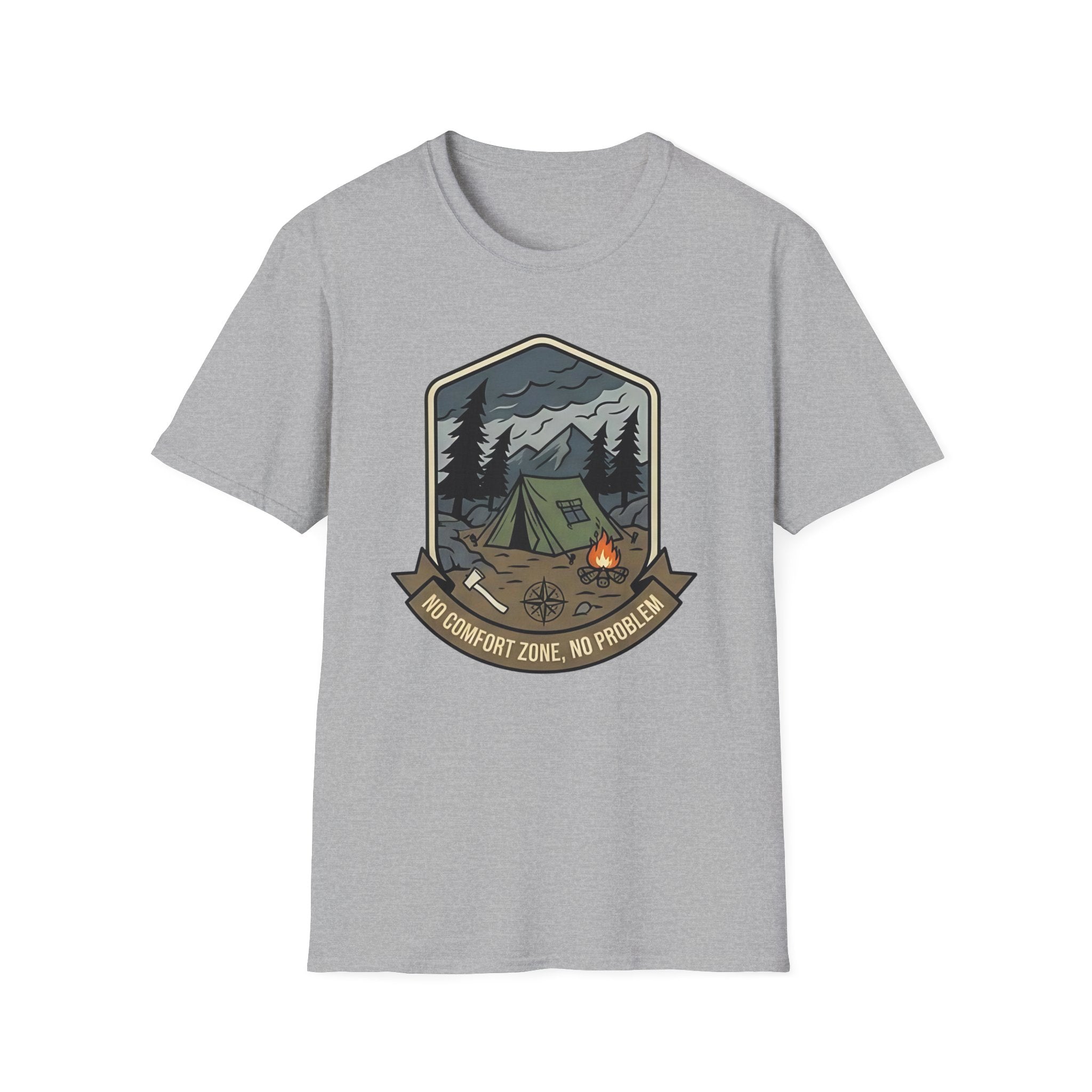 Camping Badge tent and campfire graphic T-Shirt | outdoors hiking adventure emblem